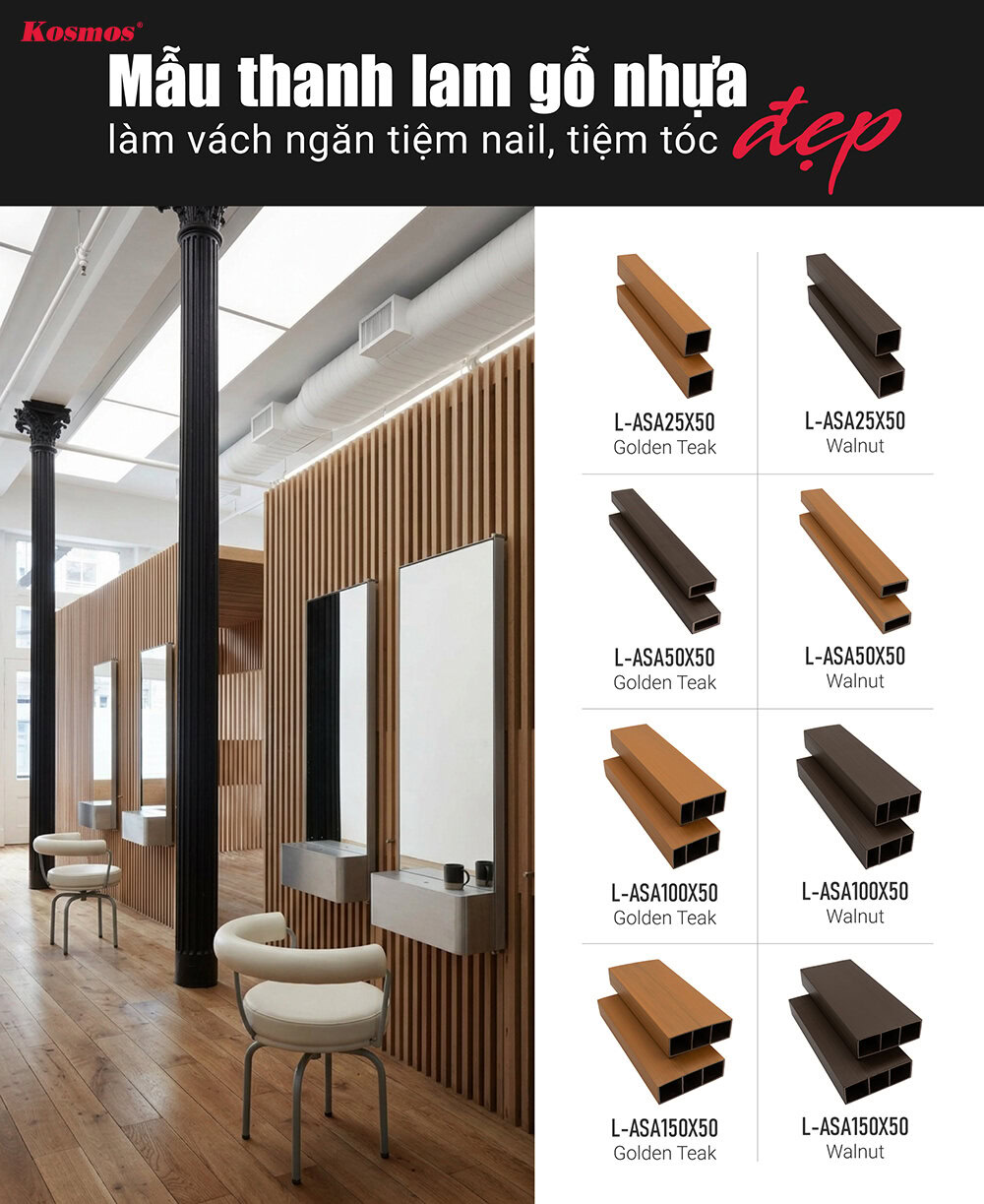 Bộ sưu tập thanh lam gỗ nhựa làm vách ngăn salon nail, tóc