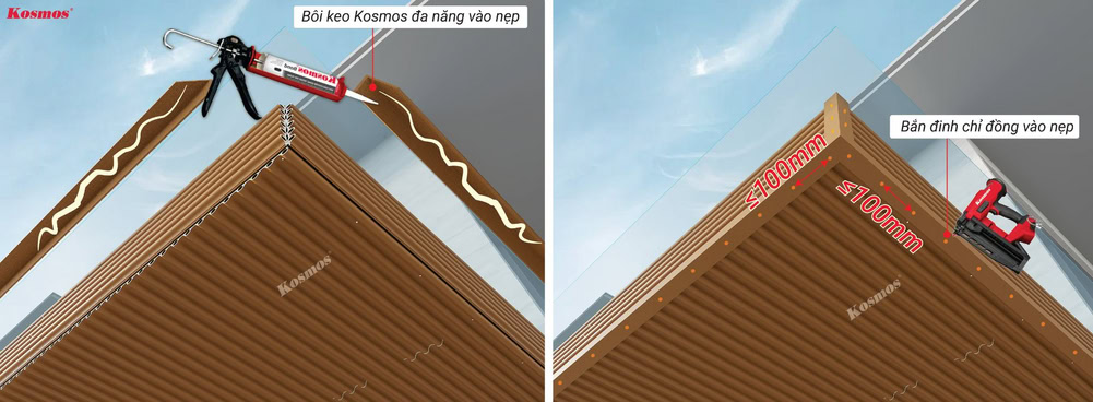 Bôi keo Kosmos đa năng vào nẹp V gỗ nhựa và dùng đinh chỉ đồng cố định nẹp V vào tấm lam sóng với khoảng cách các lỗ đinh ≤10cm