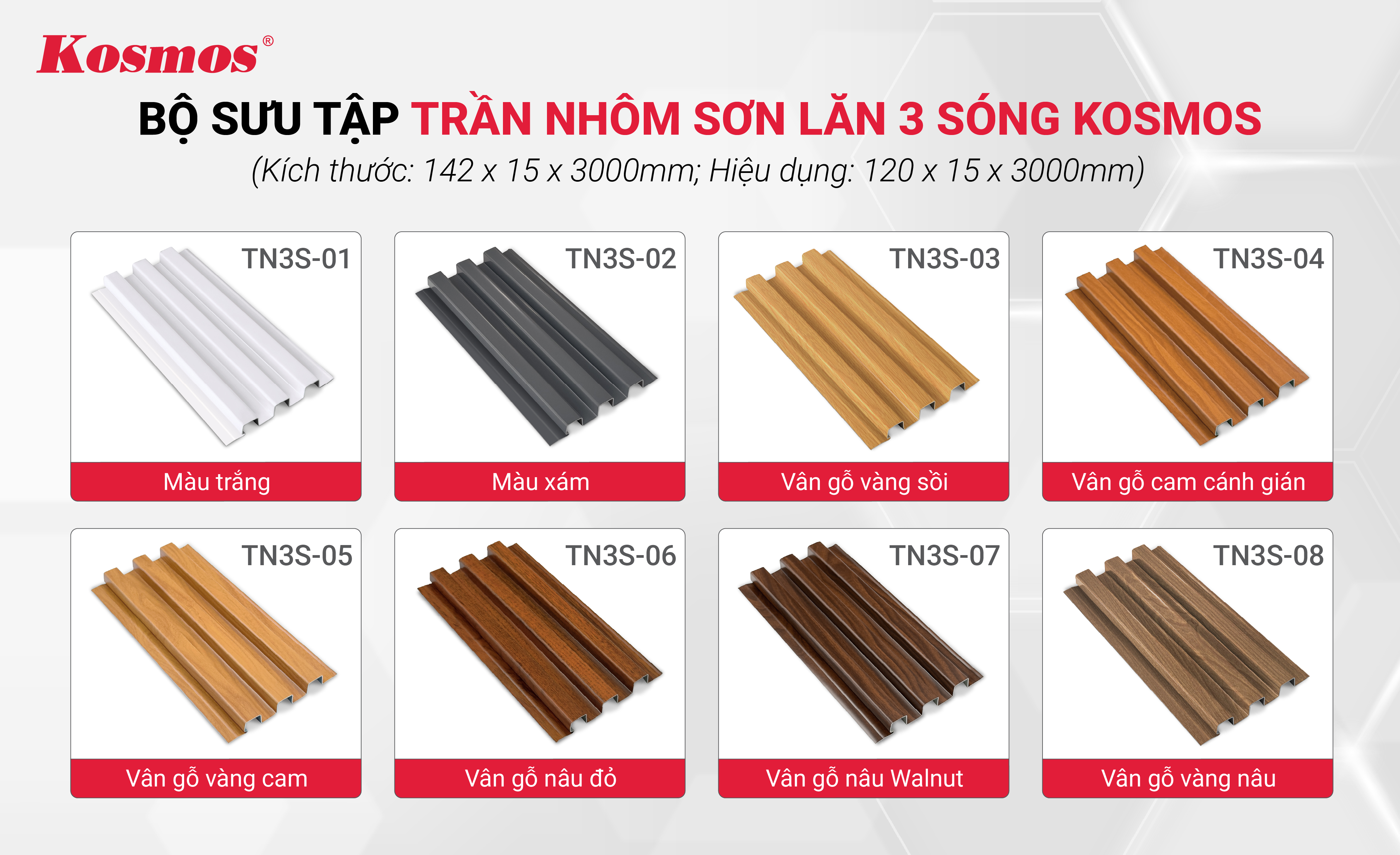 Bộ sưu tập trần nhôm sơn lăn 3 sóng cao Kosmos