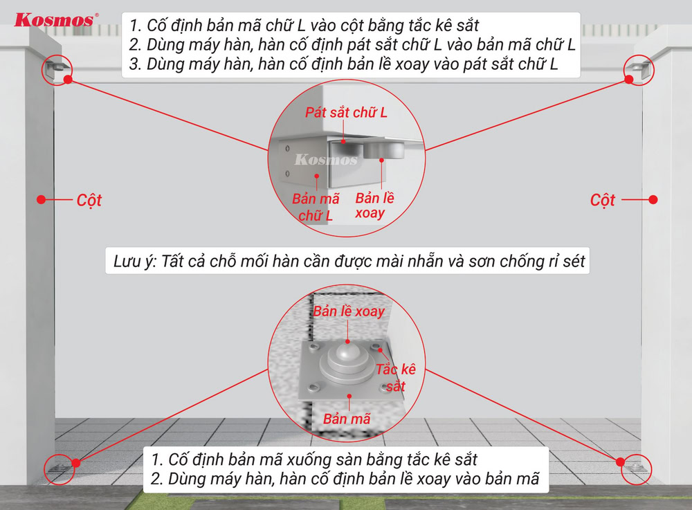 Cố định 2 bản lề xoay ở dưới trụ cổng và trên trụ cổng