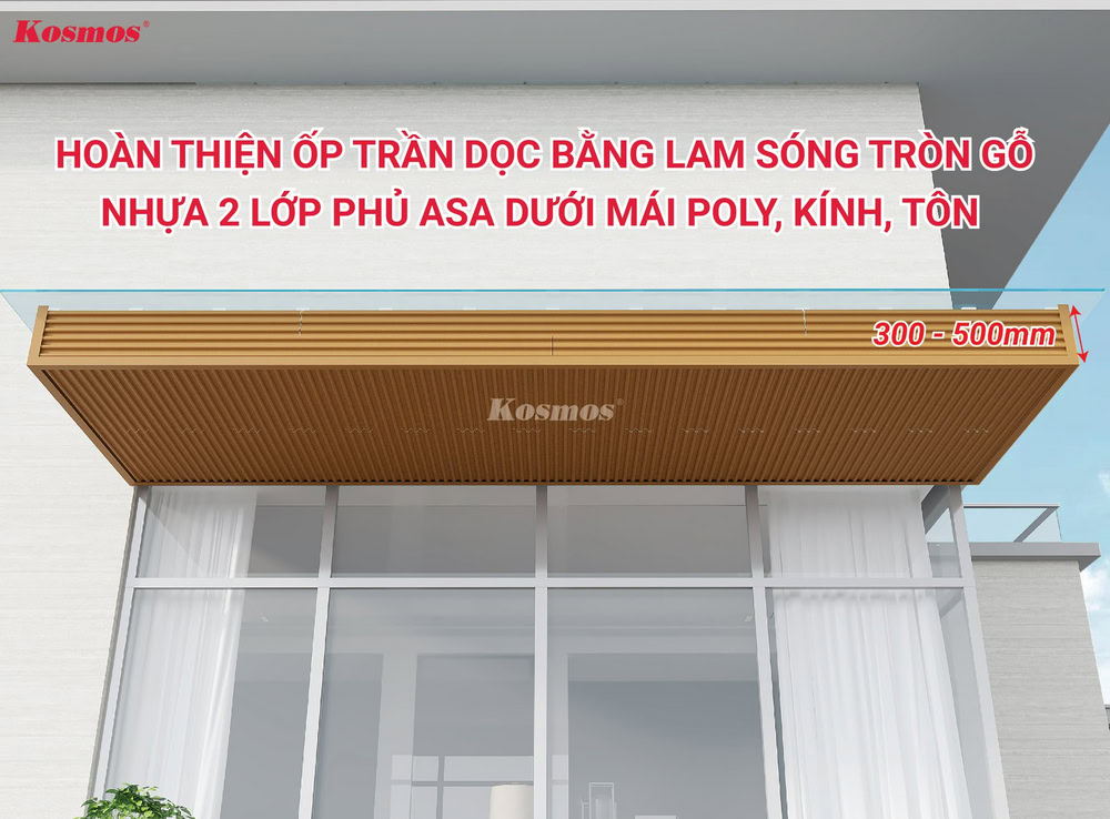 Công trình hoàn thiện ốp trần dọc bằng lam sóng tròn gỗ nhựa 2 lớp phủ ASA dưới mái poly, kính, tôn
