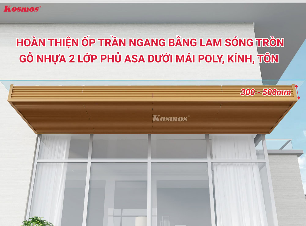 Công trình hoàn thiện ốp trần ngang bằng lam sóng tròn gỗ nhựa 2 lớp phủ ASA dưới mái poly, kính, tôn