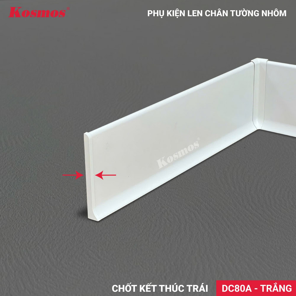 DC80A-T es el pasador del extremo izquierdo para el embellecedor de zócalo de aluminio blanco CT80-T.