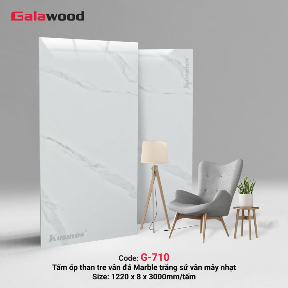G-710 is a charcoal bamboo cladding panel with a white marble-like, light cloud-like Galawood pattern.
