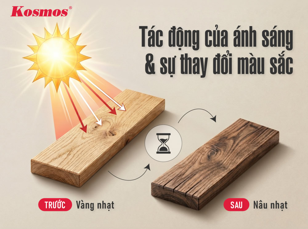 Gỗ cao su có xu hướng chuyển sang tông màu ấm hơn khi tiếp xúc với ánh nắng
