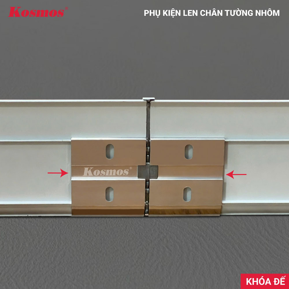 Hình cận cảnh khóa đế nằm đằng sau len chân tường nhôm màu trắng CT80-T