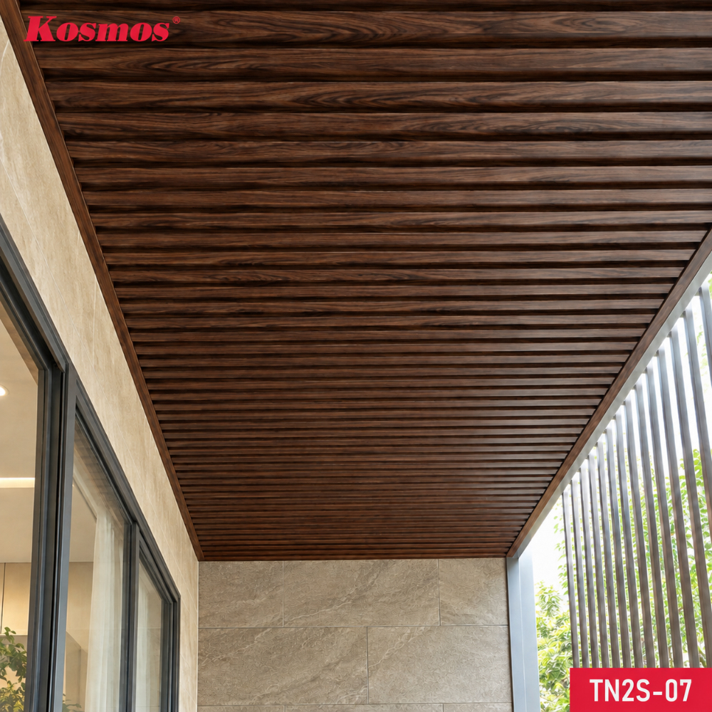 Ứng dụng trần nhôm 2 sóng vân gỗ nâu Walnut TN2S-07 vào công trình thực tế