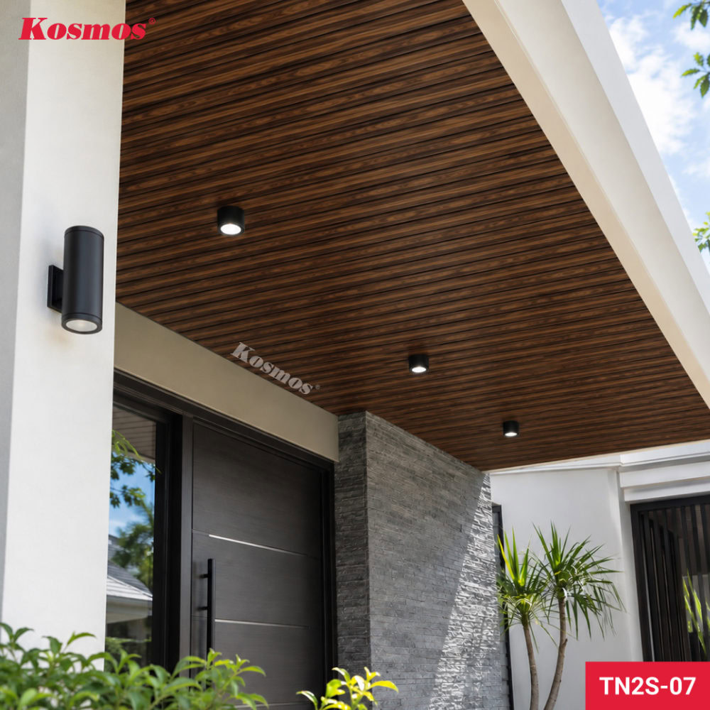 Ứng dụng trần nhôm 2 sóng vân gỗ nâu Walnut TN2S-07 vào công trình thực tế