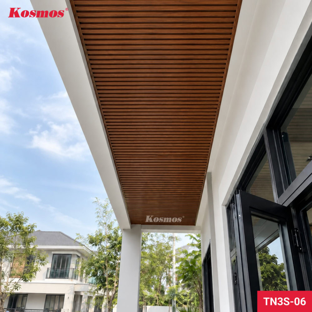 Ứng dụng trần nhôm 3 sóng vân gỗ nâu đỏ TN3S-06 vào công trình thực tế