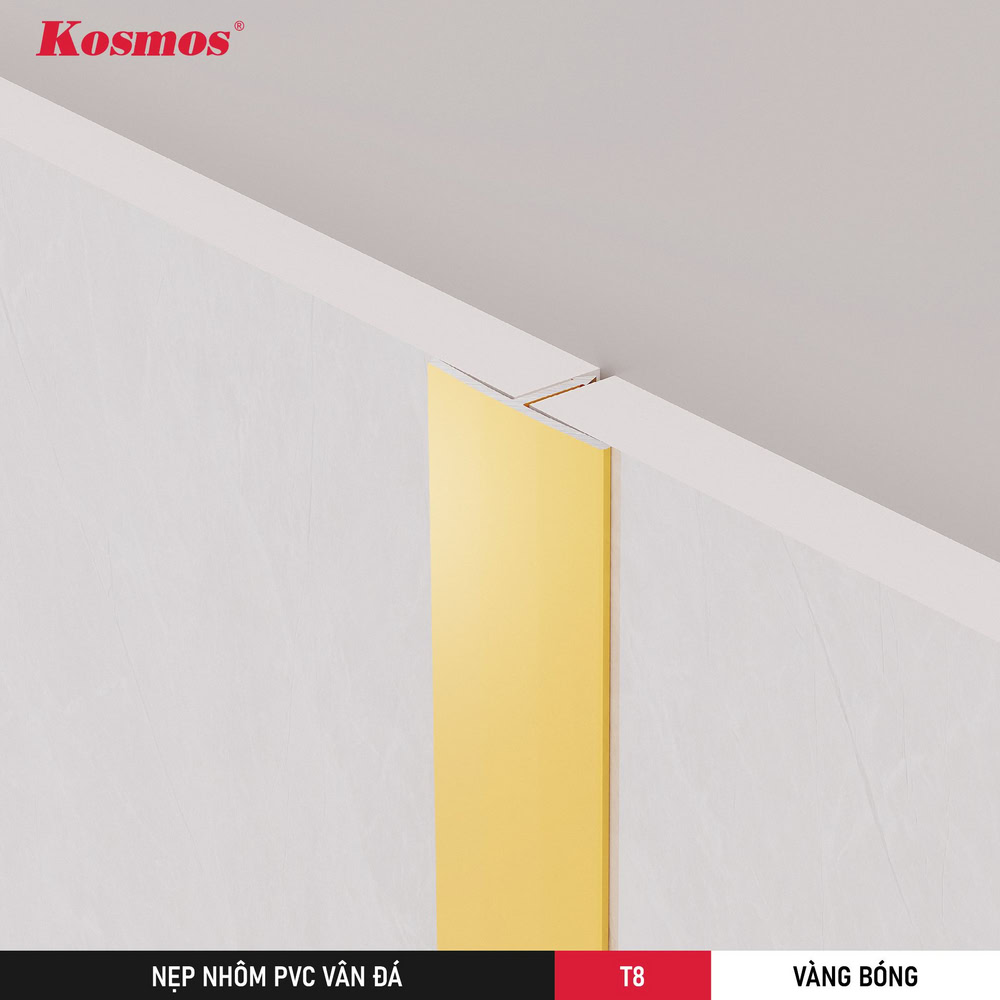 Hình nẹp T8 màu vàng bóng che khe nối tấm PVC giả đá