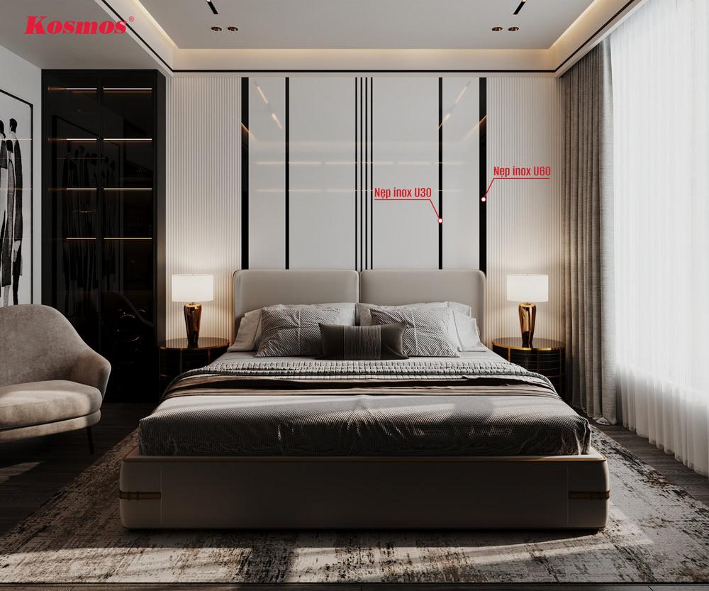 Hình vách đầu giường kết hợp nẹp inox U30 và U60 màu đen gương