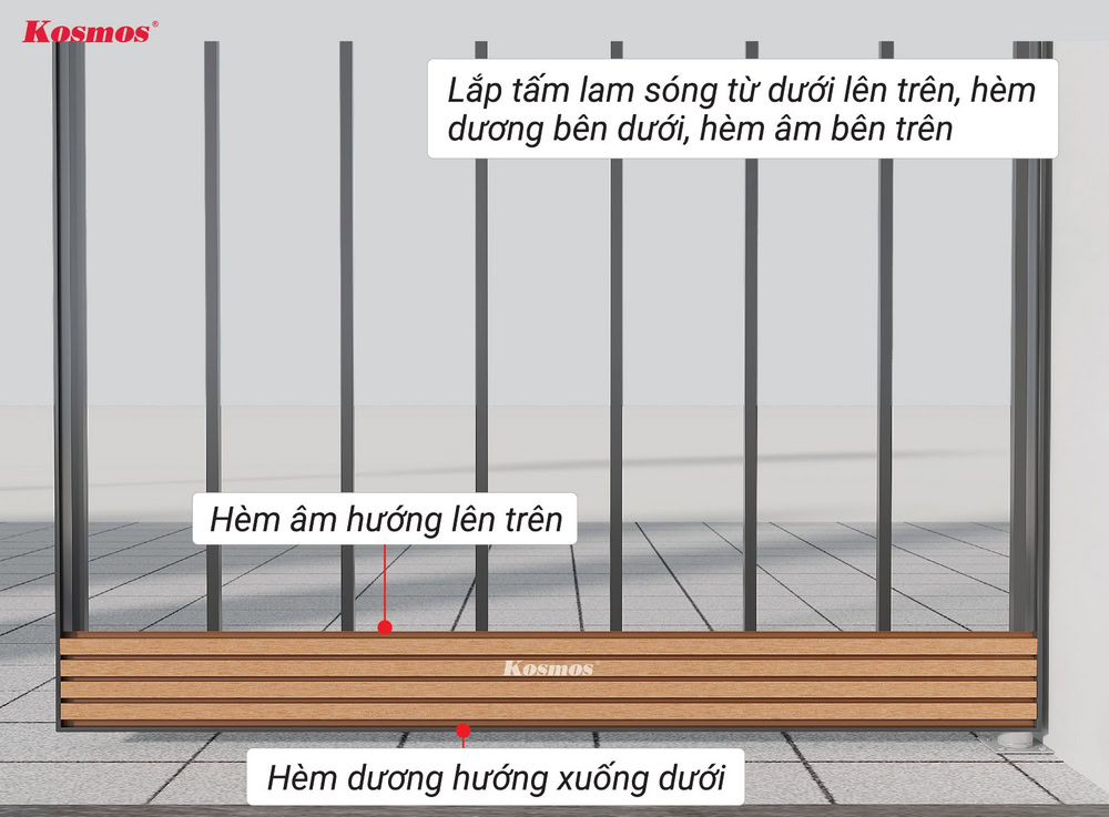 Lắp đặt tấm ốp đầu tiên với hèm dương hướng xuống mặt đất, hèm âm hướng lên trên
