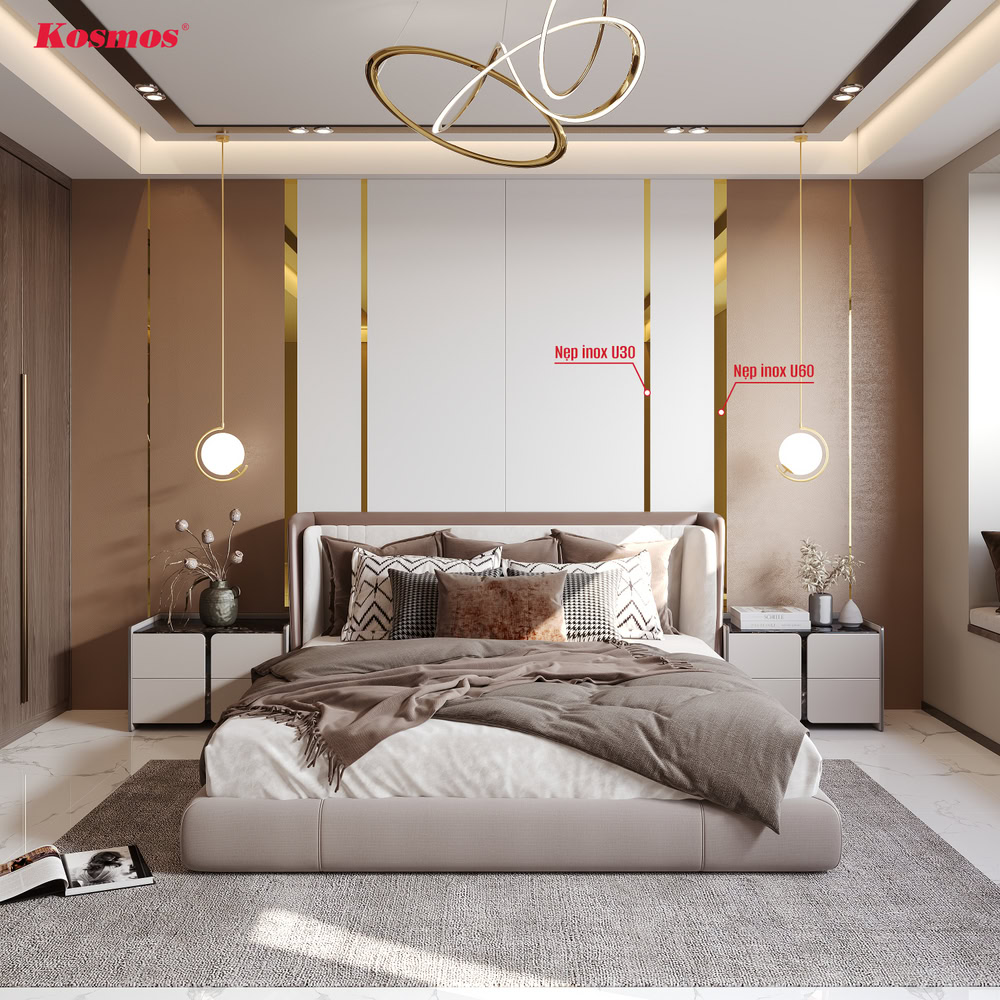 Hình vách đầu giường kết hợp nẹp inox U30 và U60 màu vàng gương Hình vách đầu giường kết hợp nẹp inox U30 và U60 màu vàng gương