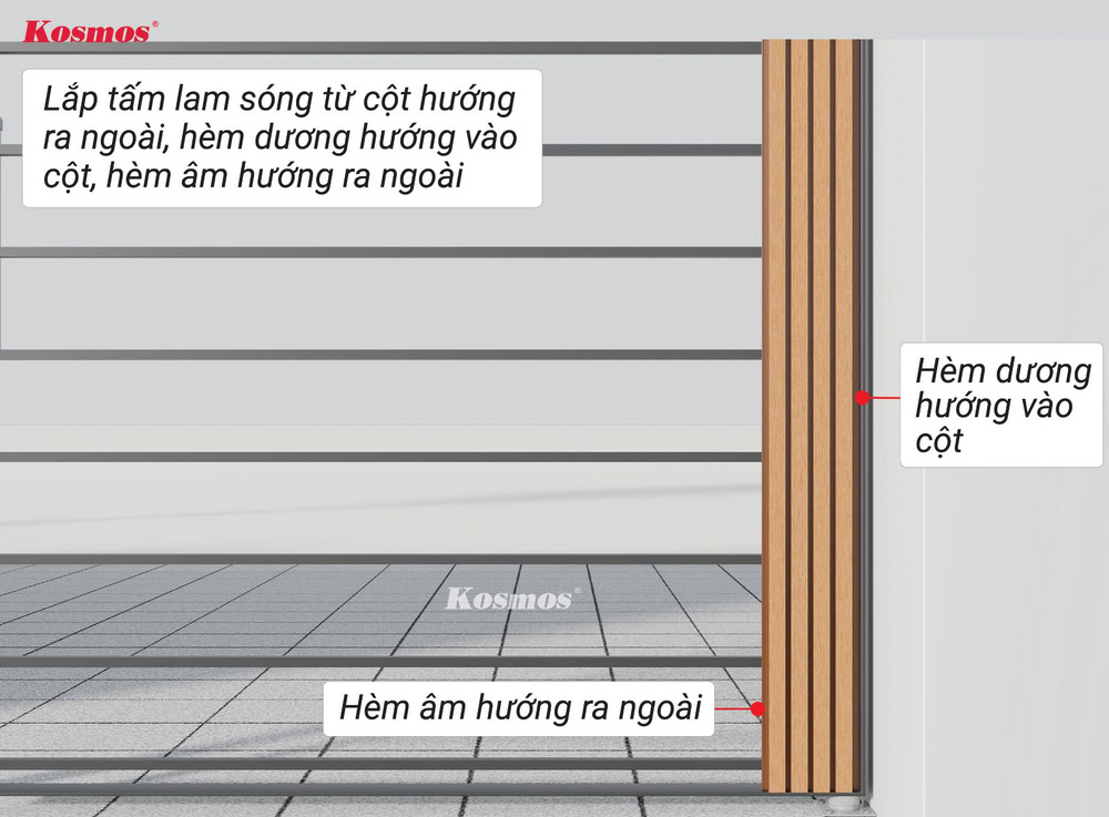 Lắp đặt tấm lam sóng gỗ nhựa đầu tiên với hèm dương hướng vào phía cột, hèm âm hướng ra ngoài