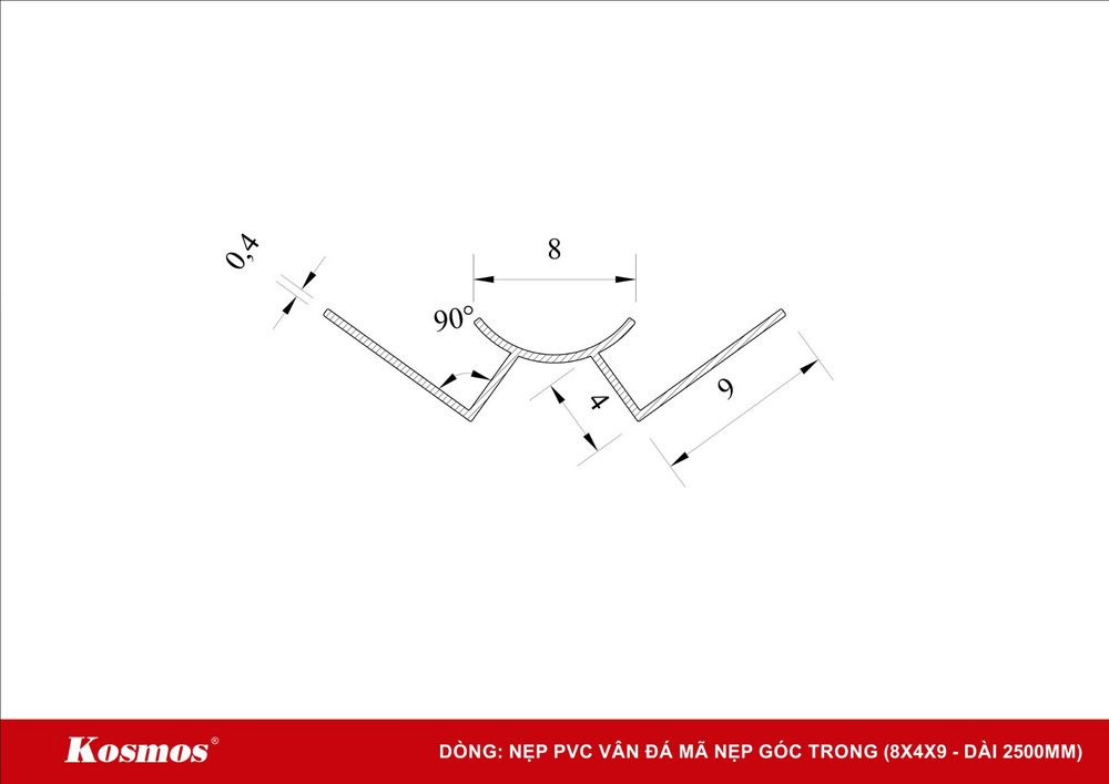 Mặt cắt nẹp góc trong PVC vân đá mã GT Mặt cắt nẹp góc trong PVC vân đá mã GT