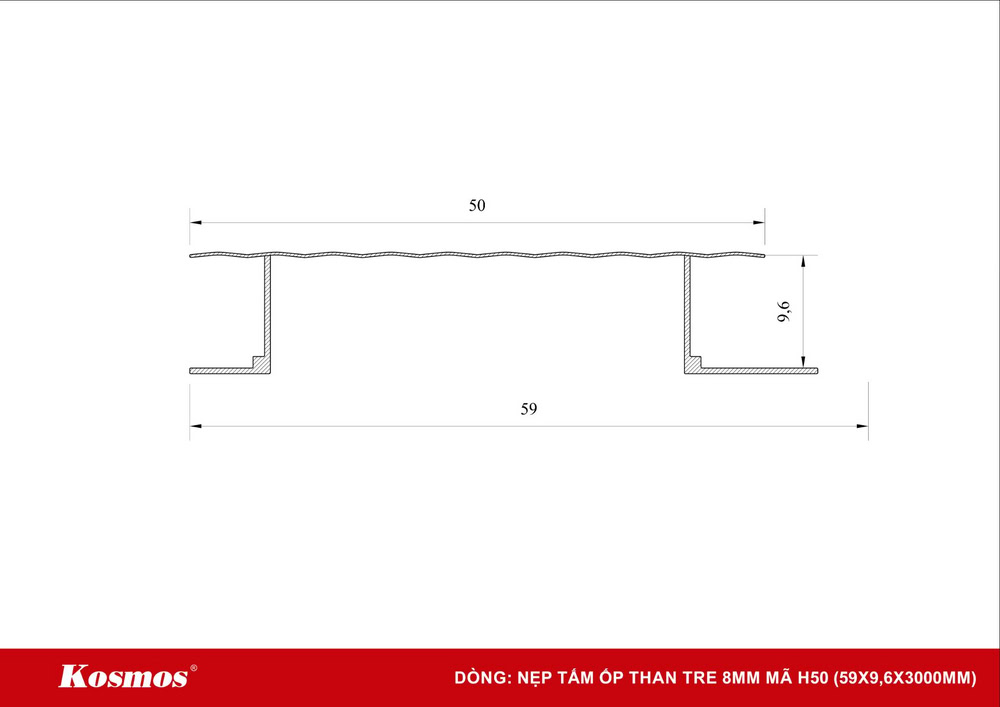 Mặt cắt nẹp H nối có rãnh của tấm ốp than tre mã H50 Mặt cắt nẹp H nối có rãnh của tấm ốp than tre mã H50