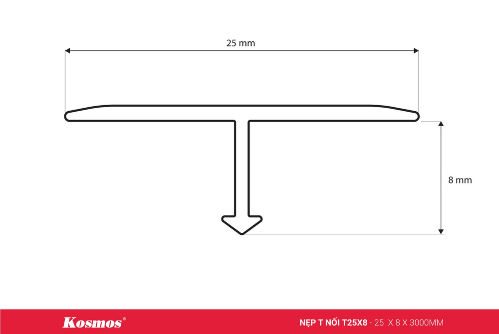Mặt cắt nẹp nhôm cao cấp Kosmos mã T25X8