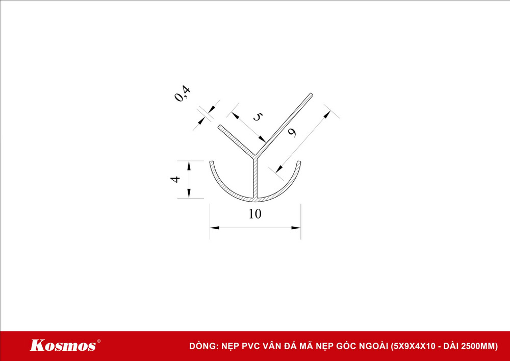 Mặt cắt nẹp nhôm góc ngoài PVC vân đá mã GN Mặt cắt nẹp nhôm góc ngoài PVC vân đá mã GN