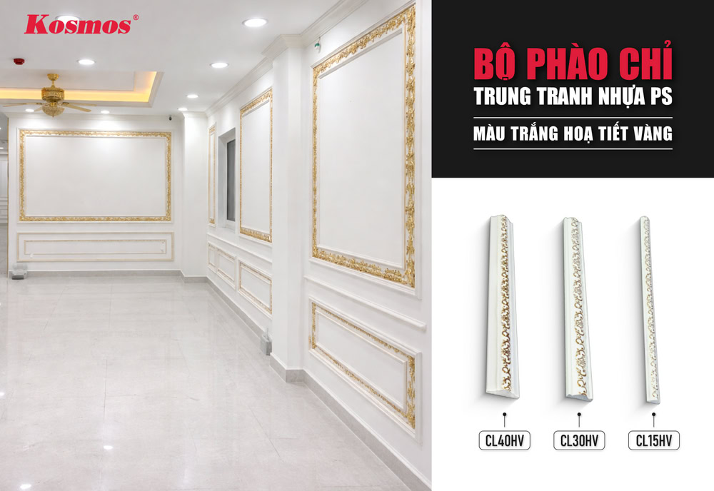Mẫu chỉ khung tường trắng họa tiết vàng