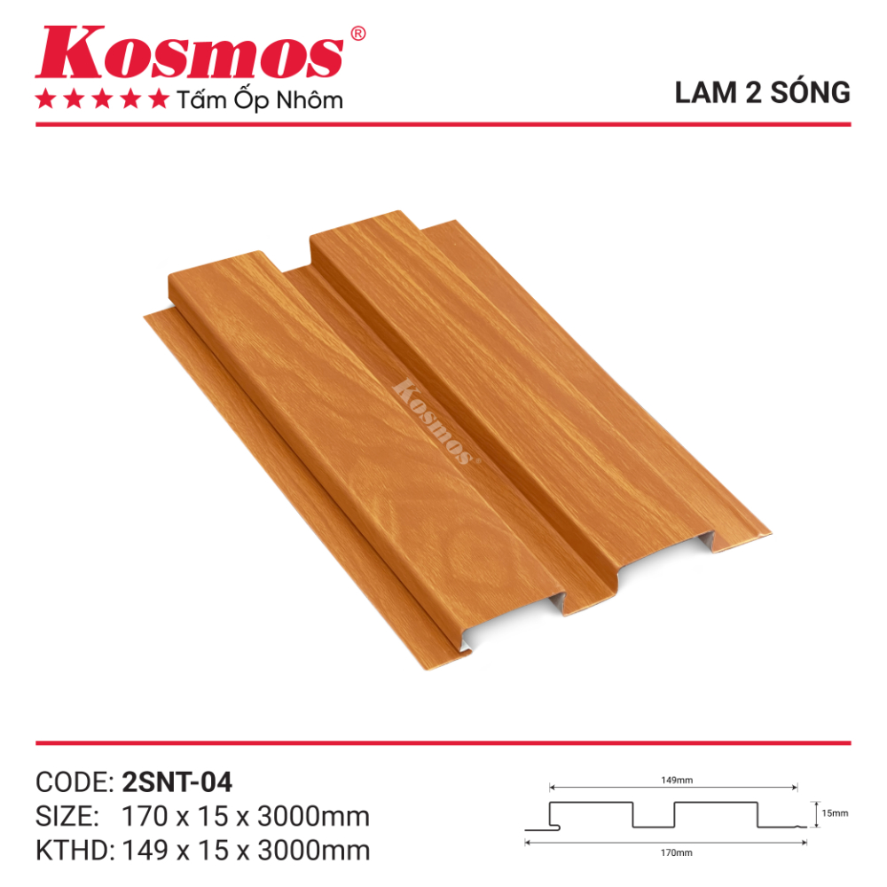 Mẫu mã trần nhôm 2 sóng thấp Kosmos vân gỗ cam cánh gián 2SNT-04 Mẫu mã trần nhôm 2 sóng thấp Kosmos vân gỗ cam cánh gián 2SNT-04