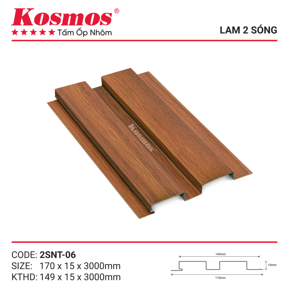 Mẫu mã trần nhôm 2 sóng thấp Kosmos vân gỗ nâu đỏ 2SNT-06 Mẫu mã trần nhôm 2 sóng thấp Kosmos vân gỗ nâu đỏ 2SNT-06
