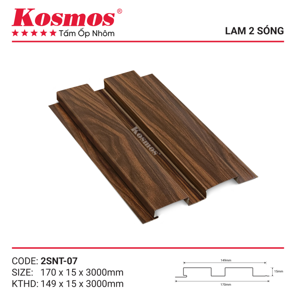 Mẫu mã trần nhôm 2 sóng thấp Kosmos vân gỗ nâu Walnut 2SNT-07 Mẫu mã trần nhôm 2 sóng thấp Kosmos vân gỗ nâu Walnut 2SNT-07