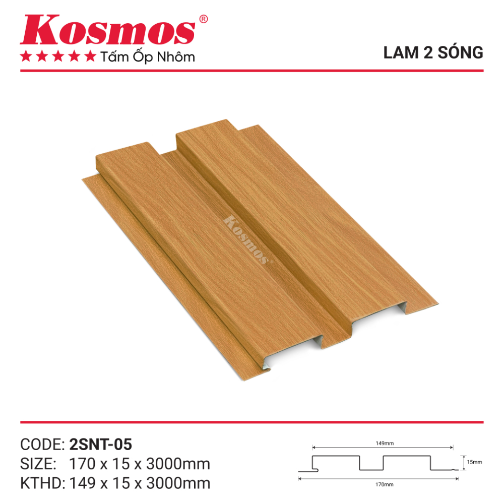 Mẫu mã trần nhôm 2 sóng thấp Kosmos vân gỗ vàng cam 2SNT-05
