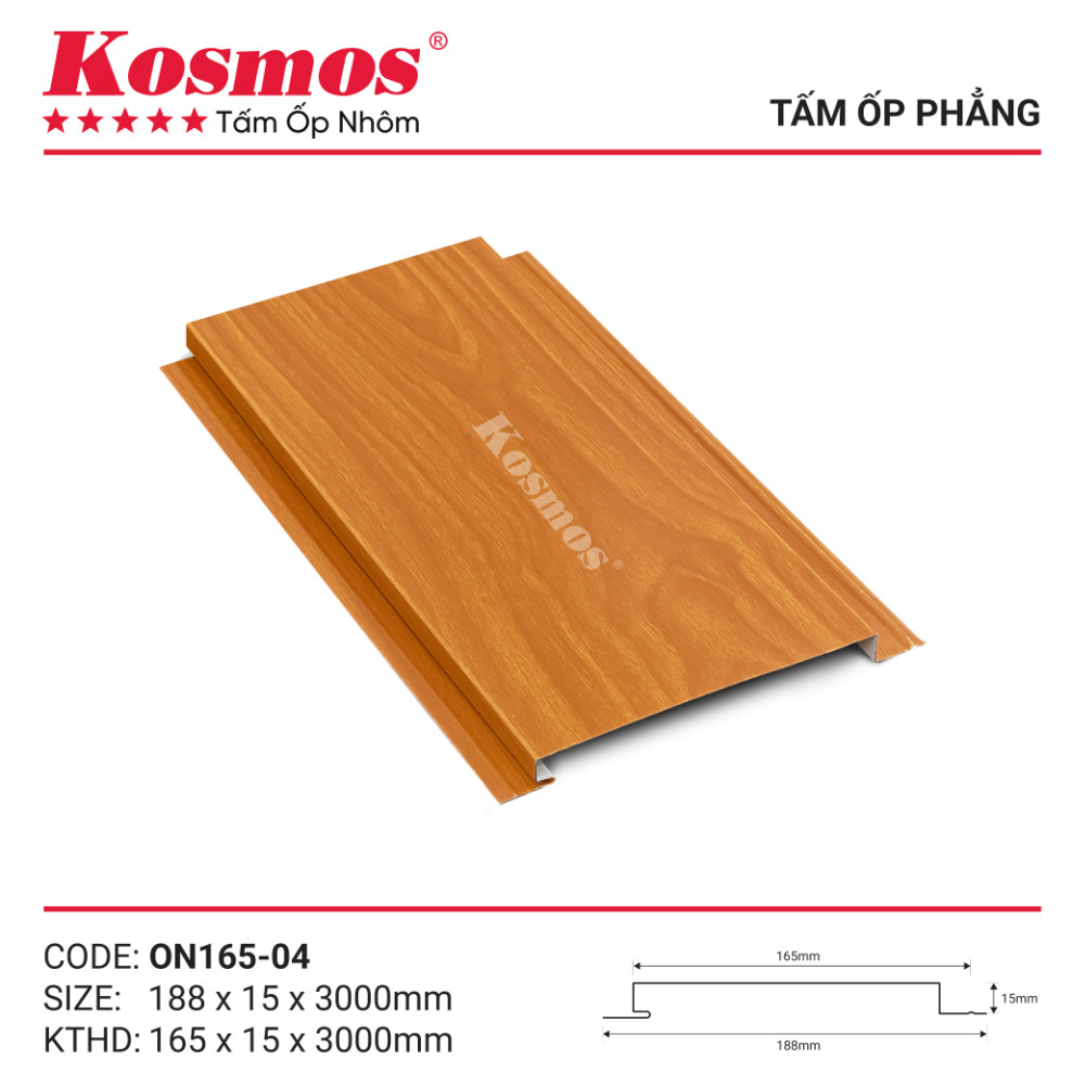 Mẫu mã trần nhôm phẳng Kosmos vân gỗ cam cánh gián ON165-04 Mẫu mã trần nhôm phẳng Kosmos vân gỗ cam cánh gián ON165-04