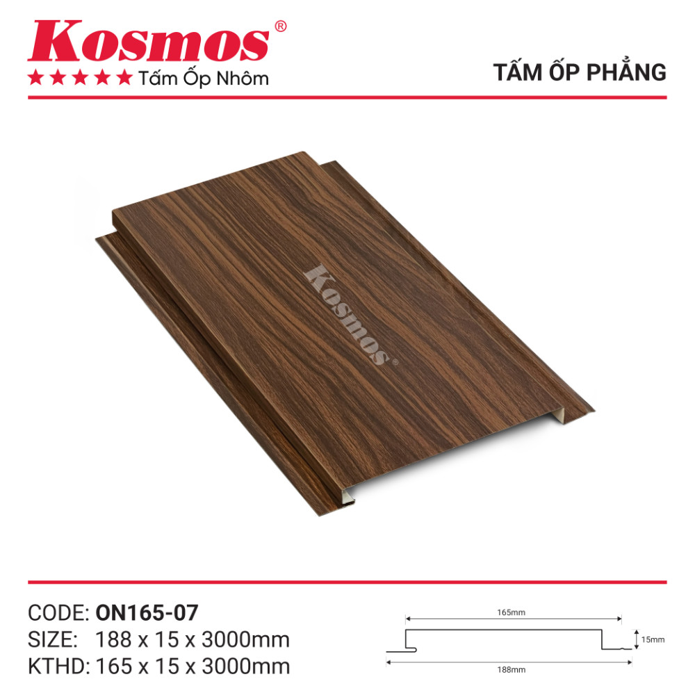 Mẫu mã trần nhôm phẳng Kosmos vân gỗ nâu Walnut ON165-07 