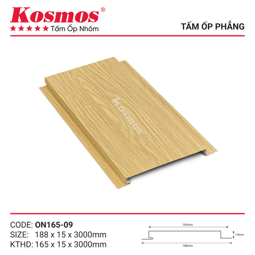 Mẫu mã trần nhôm phẳng Kosmos vân gỗ vàng sồi nhạt ON165-09 