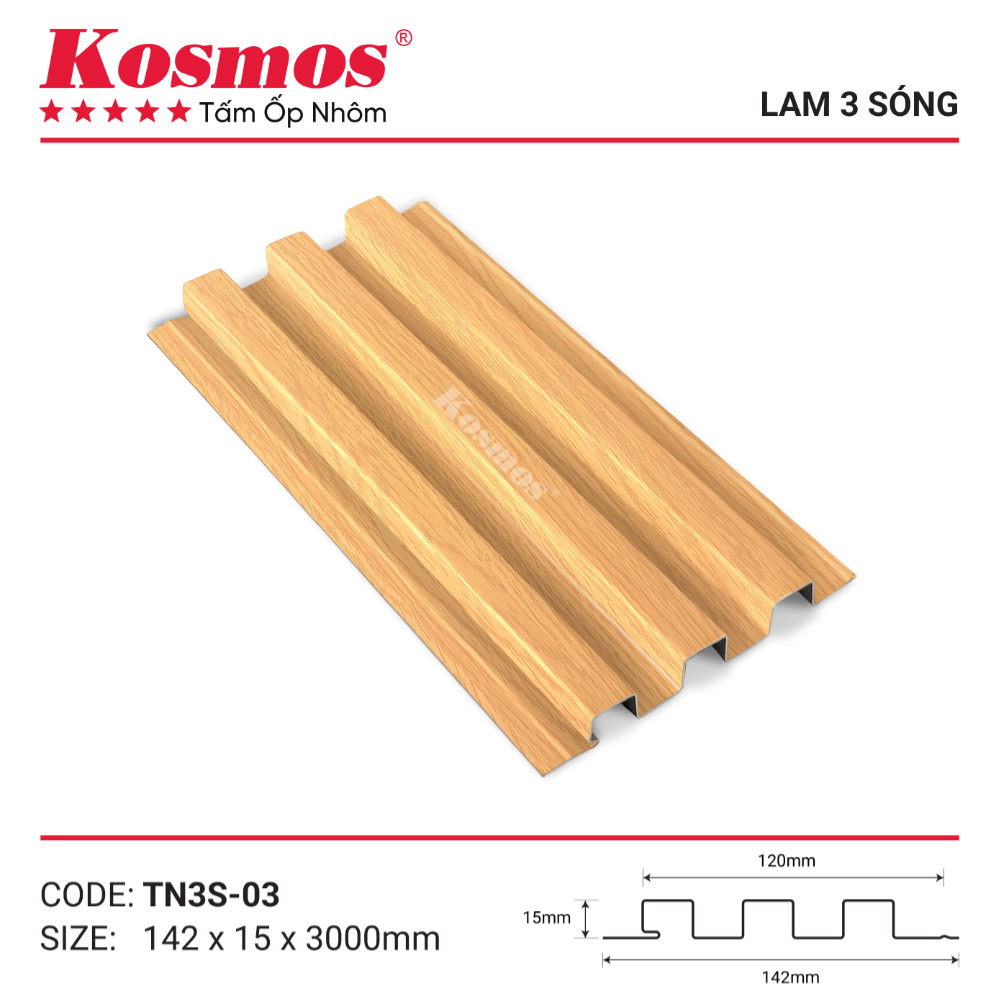 Mẫu mã và mặt cắt tấm ốp lam 3 sóng vân gỗ vàng sồi TN3S-03 Kosmos 