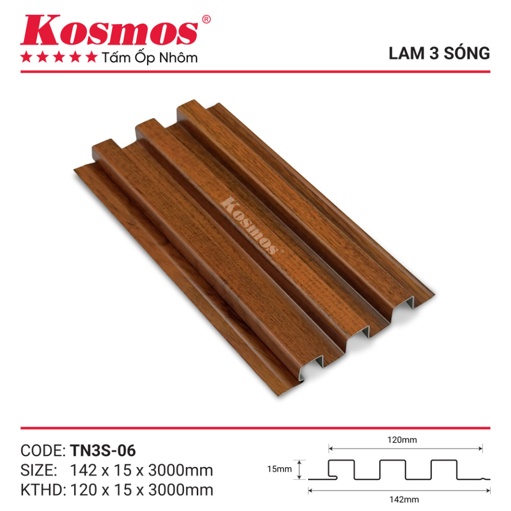 Mẫu mã và mặt cắt trần 3 sóng vân gỗ nâu đỏ TN3S-06 Kosmos Mẫu mã và mặt cắt trần 3 sóng vân gỗ nâu đỏ TN3S-06 Kosmos