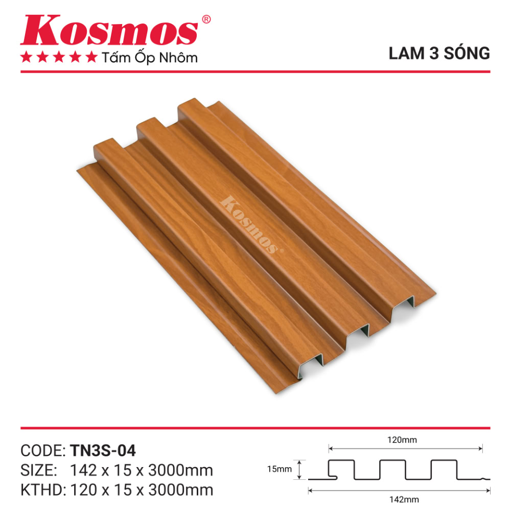 Mẫu mã và mặt cắt trần lam 3 sóng vân gỗ cam cánh gián TN3S-04 Kosmos Mẫu mã và mặt cắt trần lam 3 sóng vân gỗ cam cánh gián TN3S-04 Kosmos