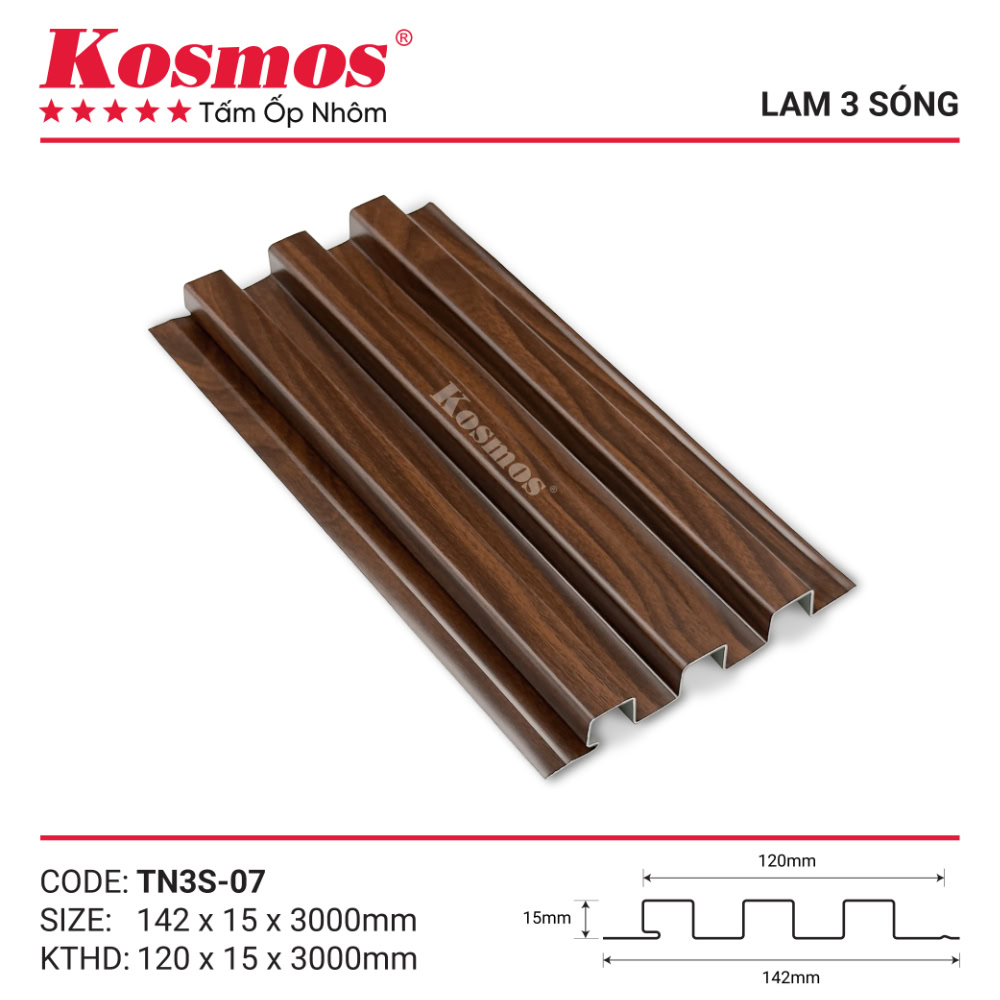 Mẫu mã và mặt cắt trần lam 3 sóng vân gỗ nâu Walnut TN3S-07 Kosmos Mẫu mã và mặt cắt trần lam 3 sóng vân gỗ nâu Walnut TN3S-07 Kosmos