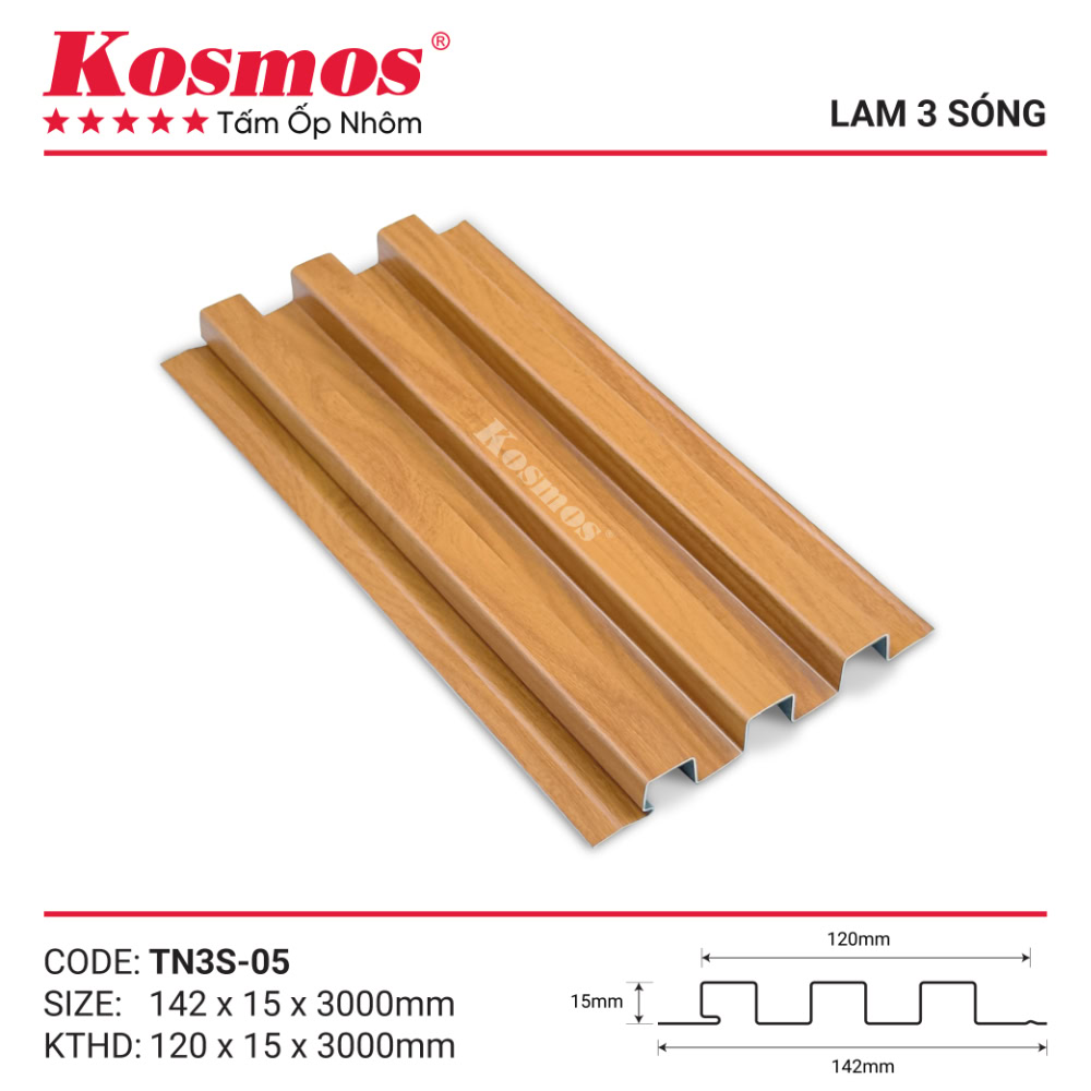 Mẫu mã và mặt cắt trần lam 3 sóng vân gỗ vàng cam TN3S-05 Kosmos Mẫu mã và mặt cắt trần lam 3 sóng vân gỗ vàng cam TN3S-05 Kosmos