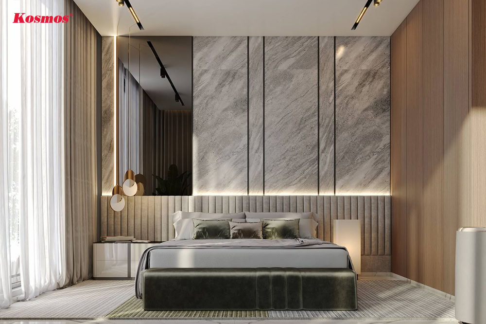 Mẫu vách đầu giường trang trí bằng nẹp inox