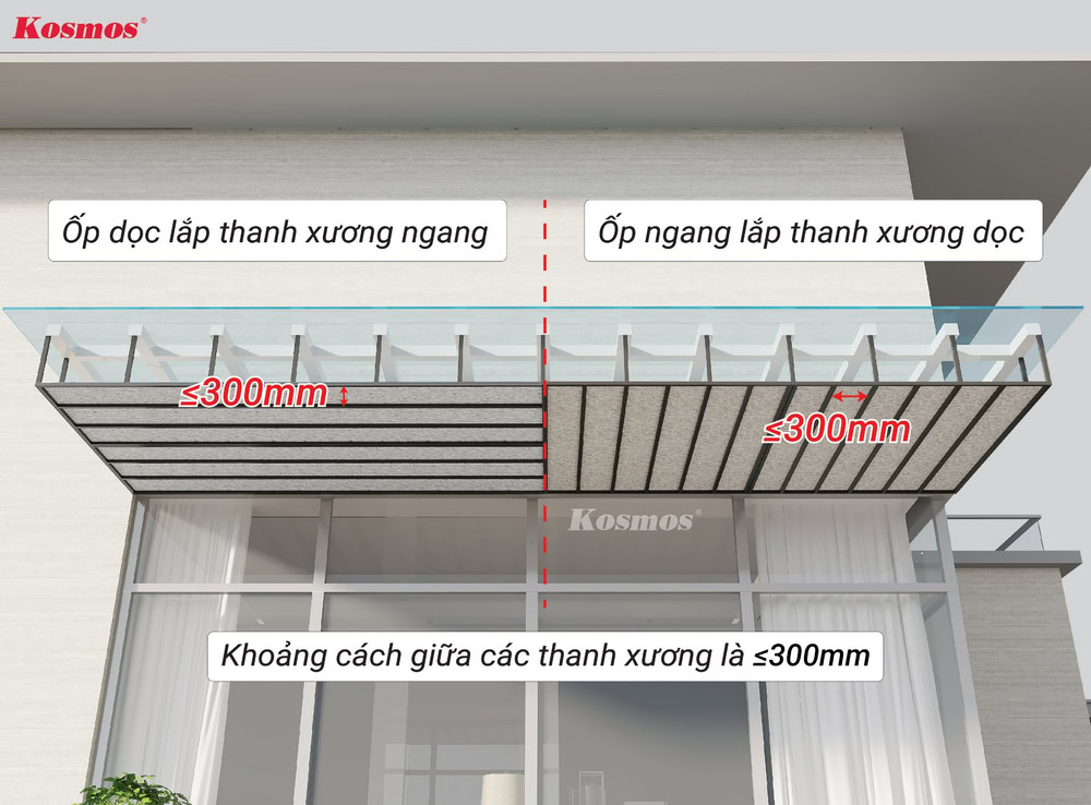 Ốp trần dọc lắp thanh xương ngang, ốp trần ngang lắp thanh xương dọc