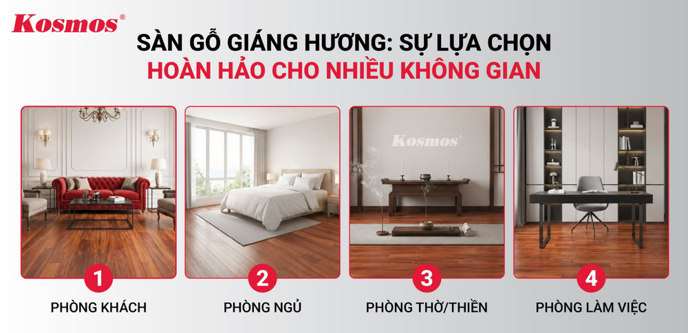Sàn gỗ tự nhiên Giáng Hương phù hợp với nhiều không gian nội thất