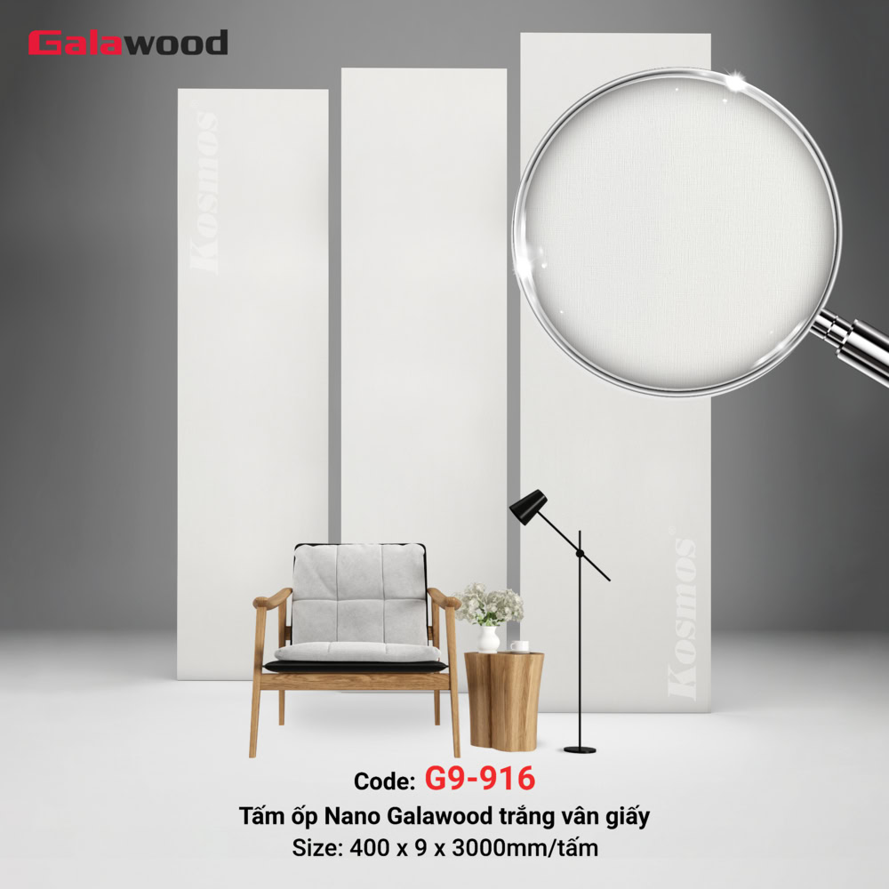 Los paneles Galawood G9-916 Nano presentan una moderna textura blanca similar al papel.