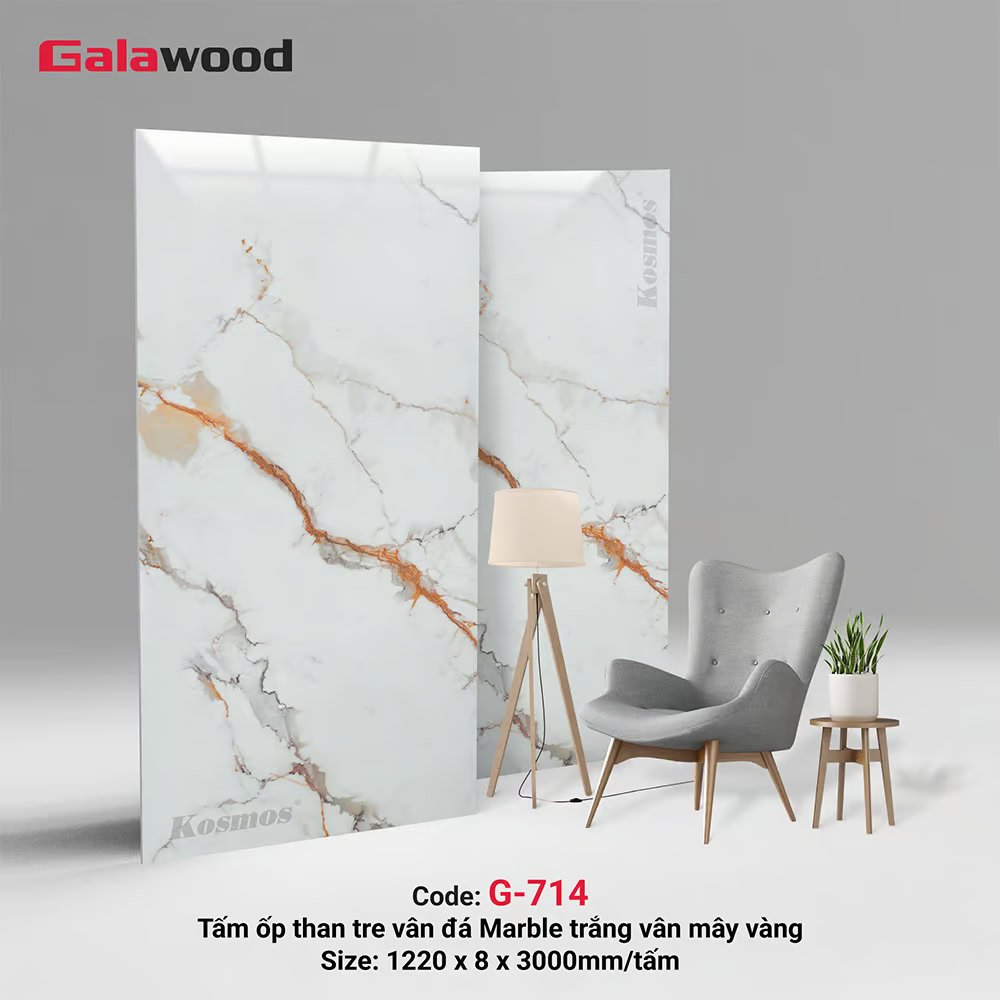 Tấm ốp than tre vân đá G-714 có nền đá trắng sáng cùng vân mây vàng Tấm ốp than tre vân đá G-714 có nền đá trắng sáng cùng vân mây vàng