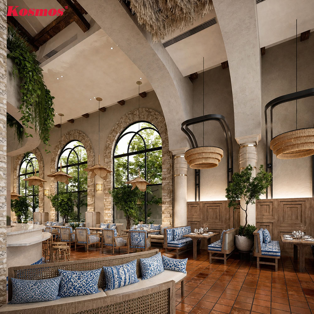Thiết kế fine dining ứng dụng nội thất Địa Trung Hải sang trọng