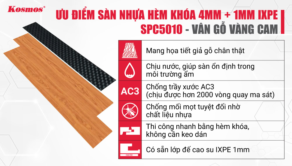 Advantages of 4mm + 1mm IXPE Kosmos SPC5010 locking vinyl flooring Advantages of 4mm + 1mm IXPE Kosmos SPC5010 locking vinyl flooring