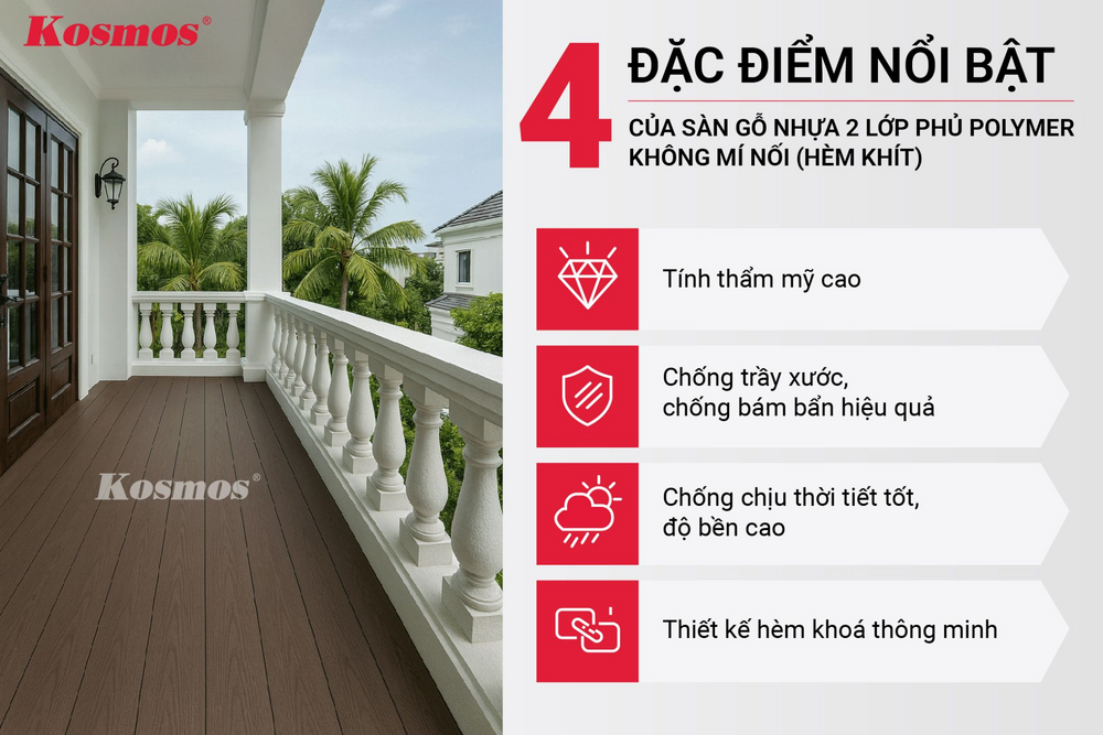 4 đặc điểm nổi bật của sàn gỗ nhựa 2 lớp phủ Polymer không mí nối (hèm khít)