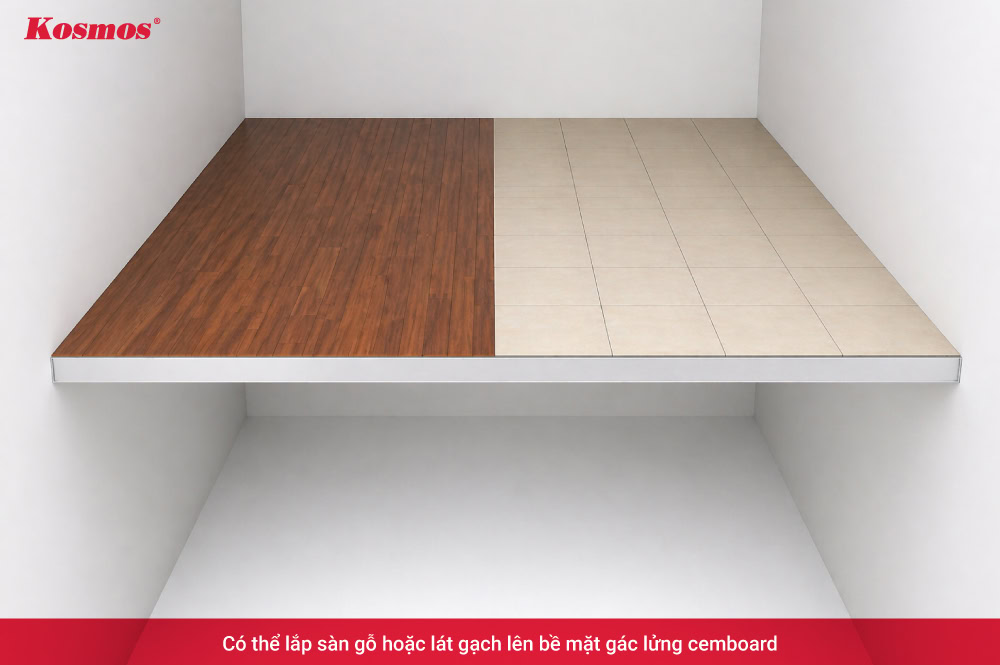 Bề mặt sàn gác lửng cemboard có thể ốp ván sàn gỗ hoặc lát gạch