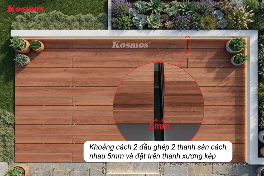 Các vị trí nối đầu của 2 thanh sàn gỗ nhựa cần phải đi thanh xương kép Các vị trí nối đầu của 2 thanh sàn gỗ nhựa cần phải đi thanh xương kép