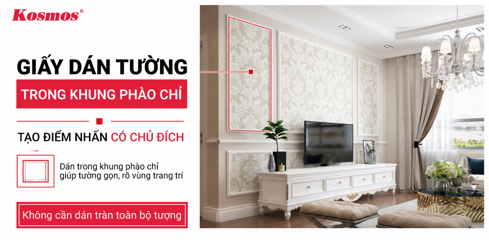 Giấy dán tường kết hợp cùng phào chỉ trang trí tường sơn