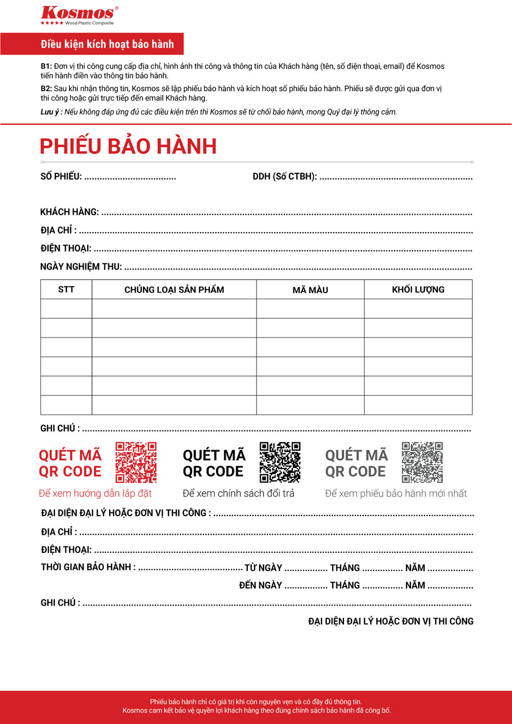 Mặt sau phiếu bảo hành gỗ nhựa 2 da Kosmos