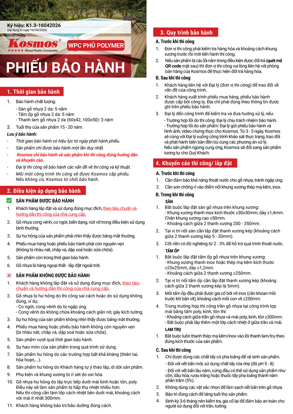 Mặt trước phiếu bảo hành gỗ nhựa 2 da Kosmos