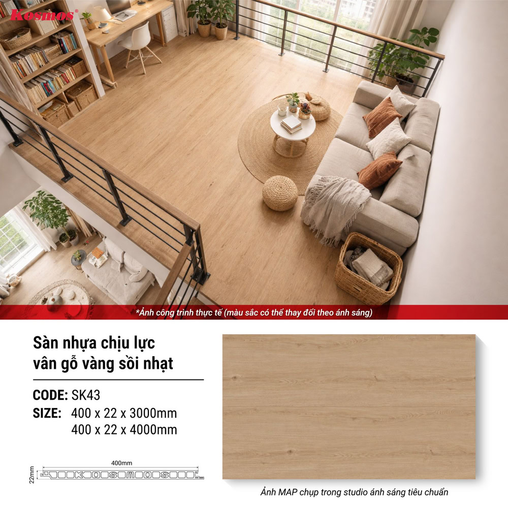 Mẫu sàn chịu lực vân gỗ vàng sồi nhạt chân KOSMOS SK43