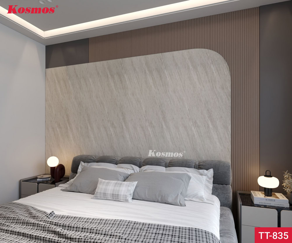 Mẫu vách đầu giường thực tế ốp tấm than tre vân bê tông